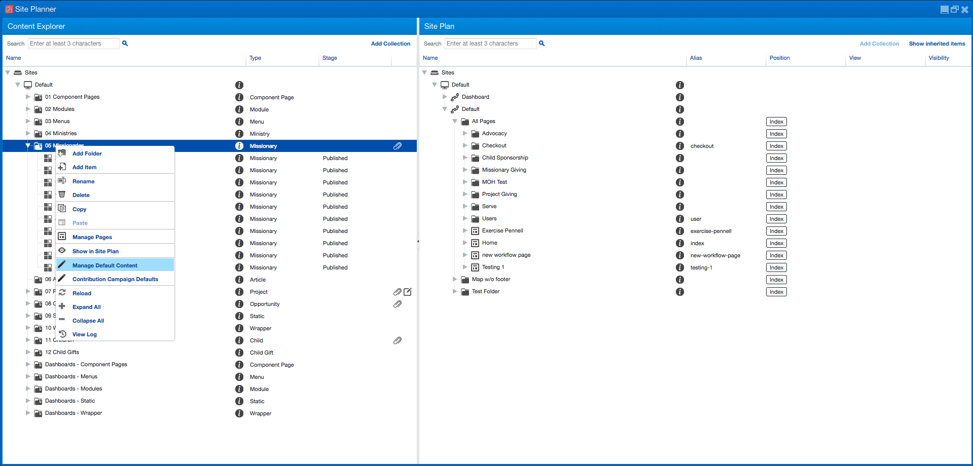 Manage Default Content - Content Explorer